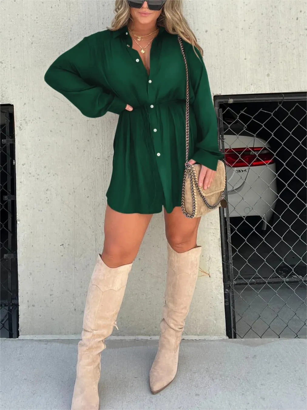 Women's Button-Up Shirt Dress – Long Sleeve, Casual Fit - 3KDyn